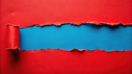 Abstract background: red torn paper texture, distressed grunge effect, blue text area for creative designs.