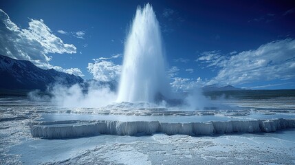 Naklejka premium Geyser erupts dramatically in a natural hot spring area surrounded by mountains on a clear sunny day