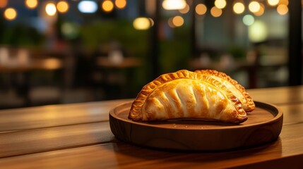 A wooden plate holds three golden-brown empanadas in a cozy dining setting.