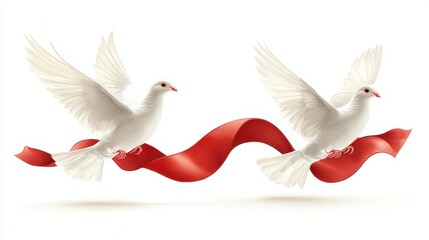 Fototapeta premium Two white doves flying with a flowing red ribbon, symbolizing peace and harmony.