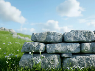 Building a stone wall in a lush green field under a bright sky nature's tranquility and architecture combined