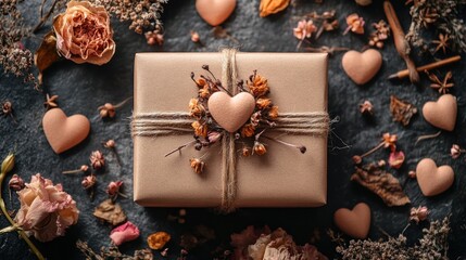 Rustic Gift Box, Dried Flowers, Hearts, Tabletop, Valentine's