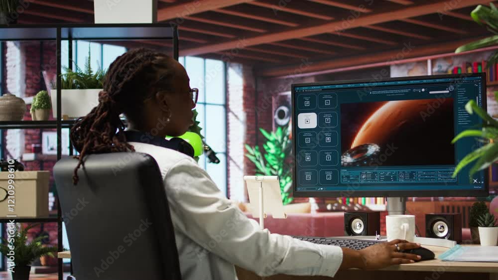 Fototapete Person at home getting tasks done with AI program turning text prompt into videos. Woman using computer to make use of text to video artificial intelligence generative models, camera A