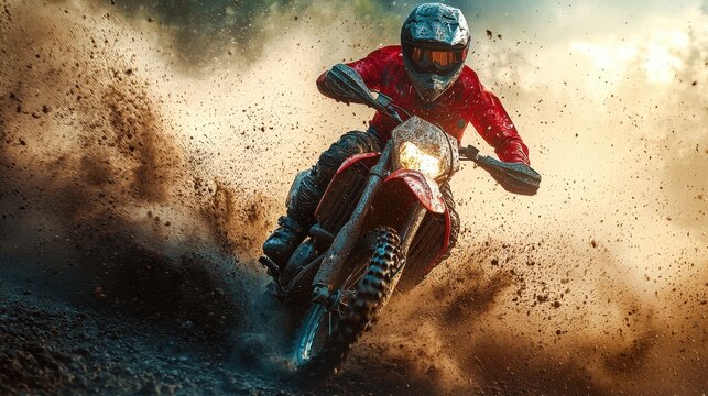 Motocross rider kicking up dirt on a trail bike in a forested area during sunset