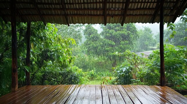 Wooden deck sheltered from heavy rain, lush green backdrop. Ideal for blogs, websites, or articles about nature, relaxation, and rainy season.