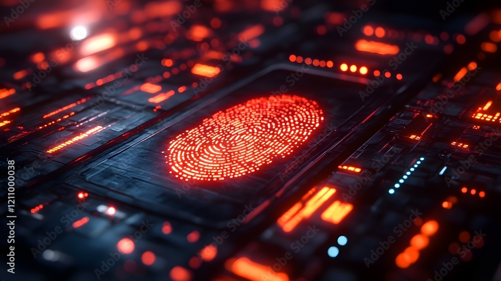 Poster digital fingerprint scanner glowing on a touchscreen with futuristic security icons.