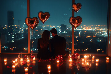couple sitting with candles at home, having romantic dinner for Valentine. heart shaped balloons are in the apartment with a view for night city. Valentines day, love, romance.