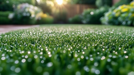 Dewdrops on Lush Green Artificial Turf Grass