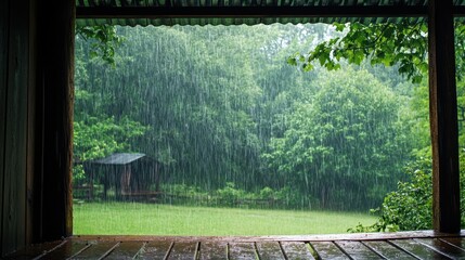 Rainy view from a wooden porch, lush green forest in the background. Perfect for illustrating themes of nature, peace, or relaxation during a storm.