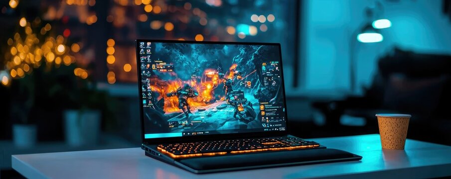 A laptop displaying vibrant game graphics sits on a table, illuminated by ambient light, with a coffee cup nearby, creating a cozy gaming atmosphere.