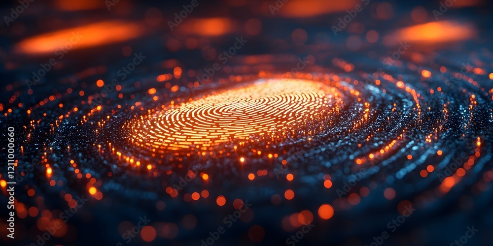 Poster digital fingerprint scanner glowing on a touchscreen with futuristic security icons.