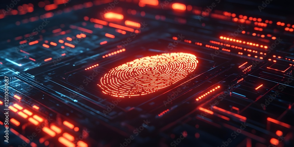 Poster digital fingerprint scanner glowing on a touchscreen with futuristic security icons.