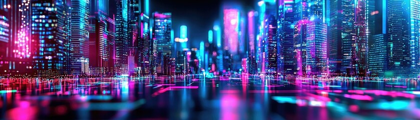 A vibrant, futuristic cityscape illuminated by neon lights, reflecting on water, evoking a sense of modern technology and urban life.