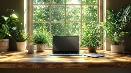 Fototapeta premium Natural workspace setup with laptop and plants in a sunlit room creating a tranquil environment
