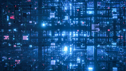 Abstract glowing futuristic technology business background with blue scifi theme and bright atmospheric light. 3d illustration of computer science, big data and digital internet networks.  