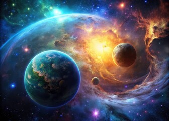 Alien worlds and celestial nebulae merge in a breathtaking double exposure, a cosmic fantasy.