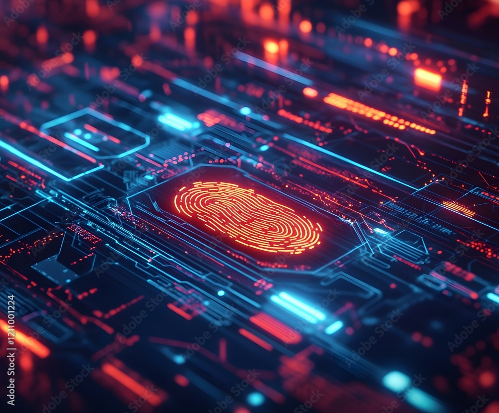 Poster digital fingerprint scanner glowing on a touchscreen with futuristic security icons.