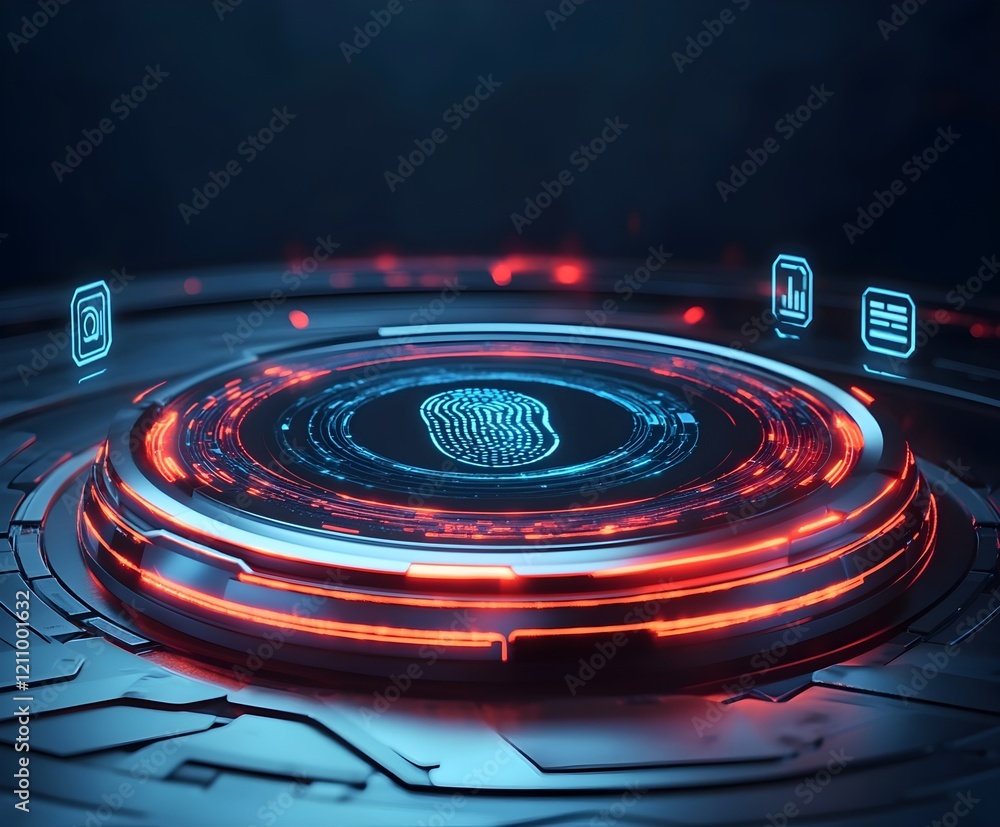 Poster digital fingerprint scanner glowing on a touchscreen with futuristic security icons.