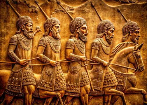Ancient Iranian cavalry's power captured in a sepia bas-relief; vintage Persian horseback warriors, a historical sculpture.