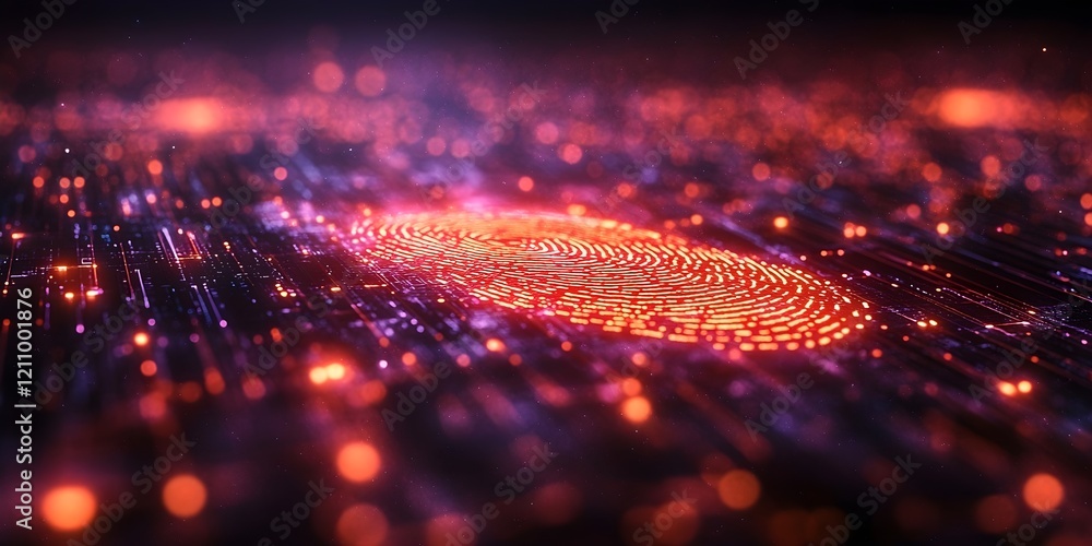 Poster digital fingerprint scanner glowing on a touchscreen with futuristic security icons.