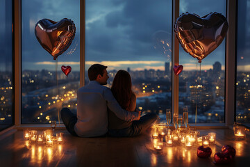 couple sitting with candles at home, having romantic dinner for Valentine. heart shaped balloons are in the apartment with a view for night city. Valentines day, love, romance.
