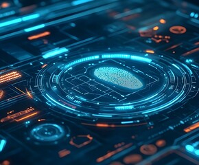 Digital fingerprint scanner glowing on a touchscreen with futuristic security icons.