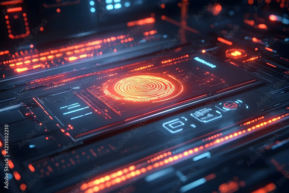 Poster digital fingerprint scanner glowing on a touchscreen with futuristic security icons.