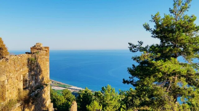 Ruins of the ancient Roman port city of Siedra in Alanya, Antalya, Turkey. The street and ruins of the ancient abandoned ancient city of Siedra on the Mediterranean coast. 4К