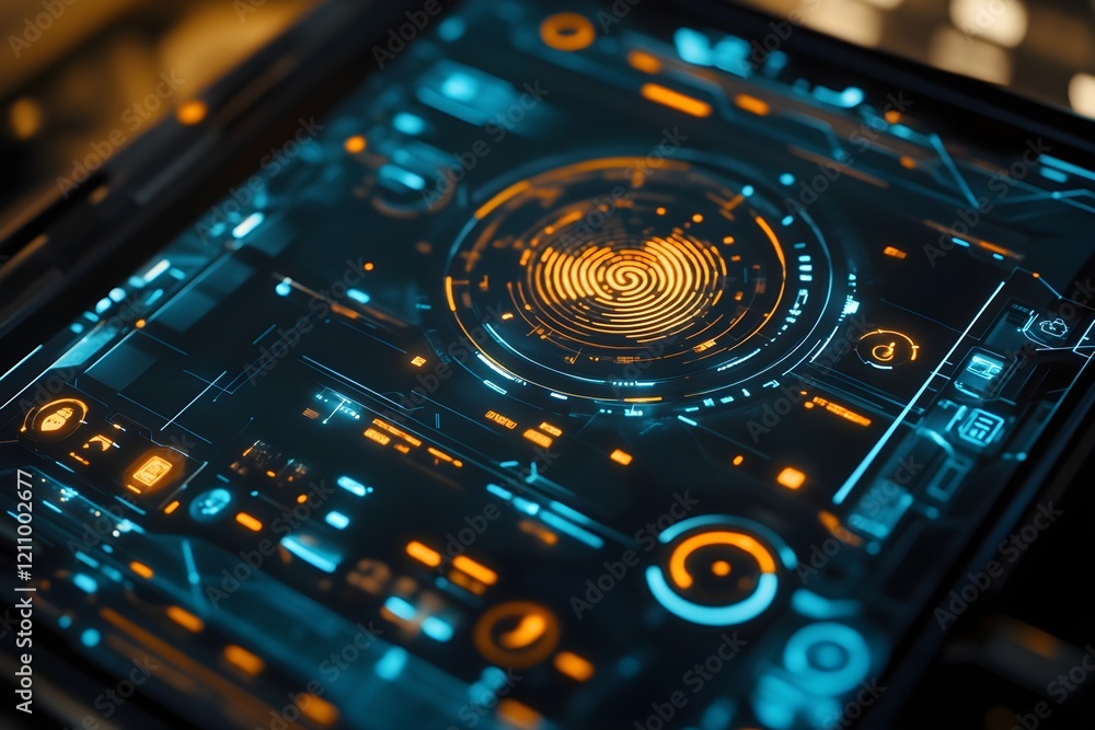 Poster digital fingerprint scanner glowing on a touchscreen with futuristic security icons.