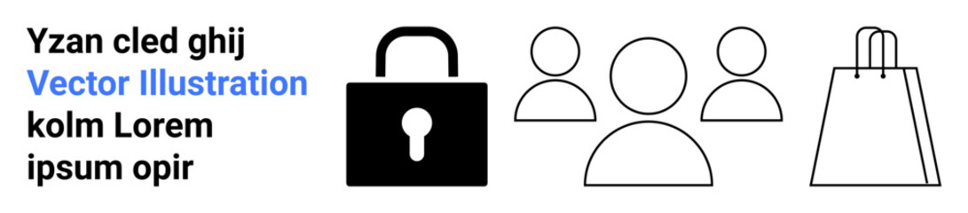 Secure online shopping concept with lock, user group, and shopping bag icons. Ideal for e-commerce, online security, team collaboration, digital identity, retail, customer management and UIUX