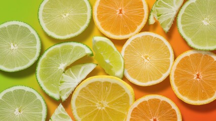Fototapeta premium Fresh citrus fruits displaying vibrant colors with yellow lemons, green limes, and orange oranges arranged artistically on a colorful background.