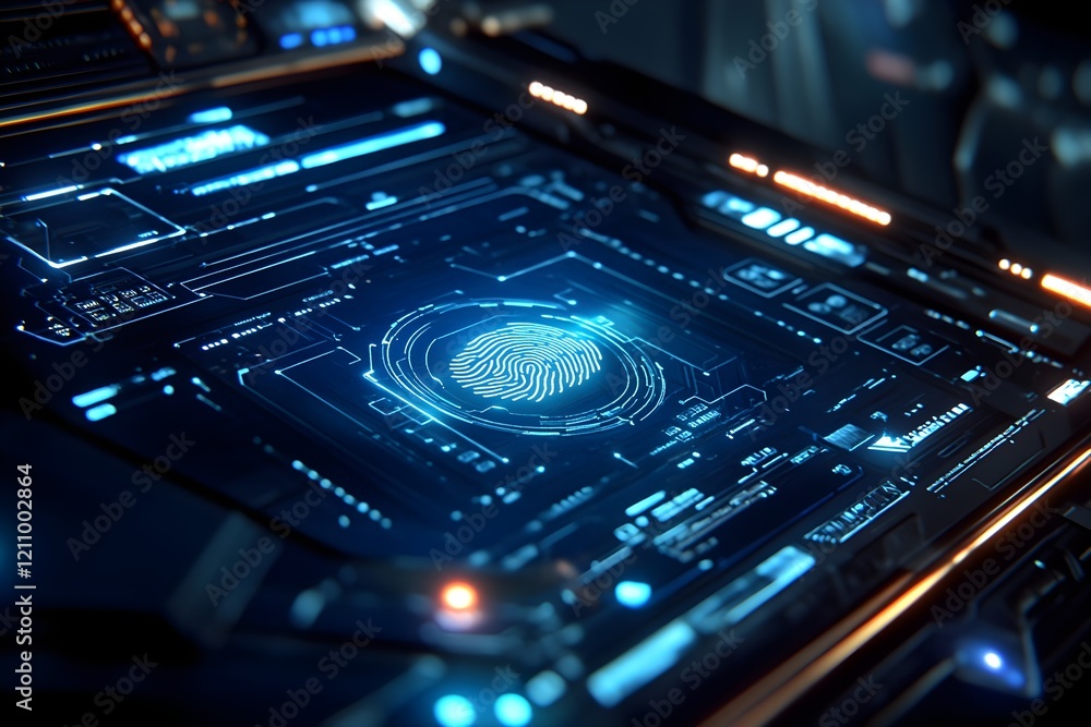 Poster digital fingerprint scanner glowing on a touchscreen with futuristic security icons.