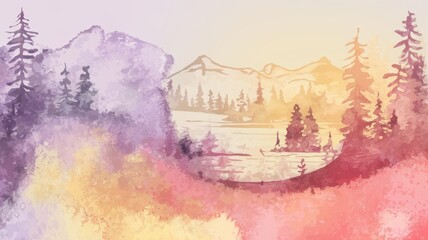 A serene landscape illustration showcasing mountains and evergreen trees, blending soft hues of purple, orange, and pink.