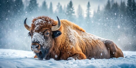 A snowstorm blankets a North Canadian landscape, showcasing a powerful American bison, a symbol of winter's resilience.