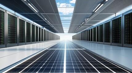 An innovative renewable energy-powered data center with solar panels and energy-efficient server farms, Sustainable style, photo of
