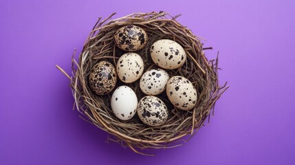 Obraz premium Quail eggs nest purple background spring decor