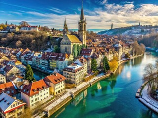 Fototapeta premium Bern Cathedral winter: Switzerland's capital city, captured in a minimalist aerial view.