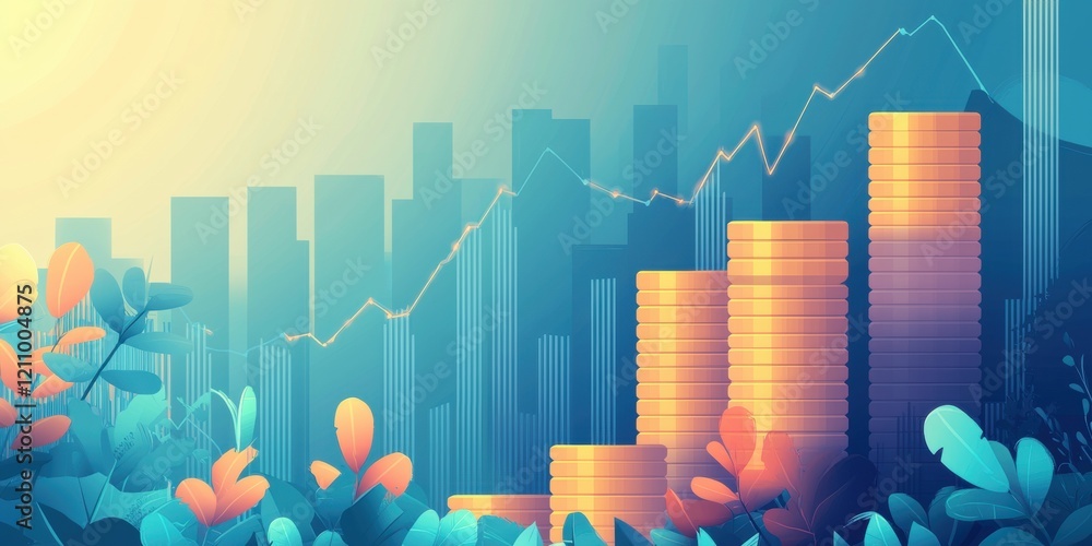 Poster visual representation of financial growth with stacked coins in urban environment abstract graphic v