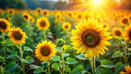 Obraz premium Blooming sunflowers create a charming miniature landscape, perfect summer backdrop.