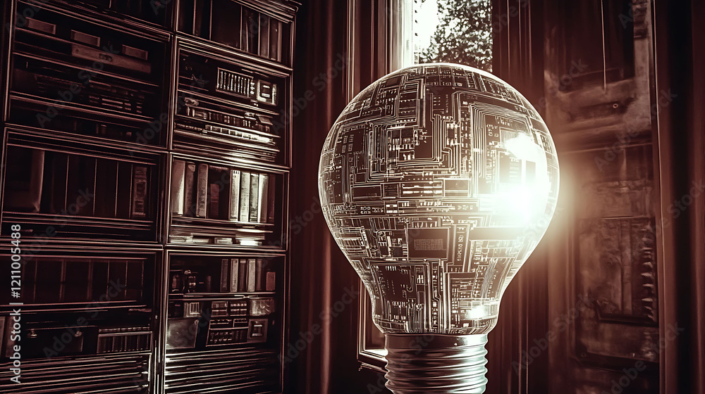 Poster intriguing lightbulb with circuit board design glows in a vintage study. perfect for concepts of inn