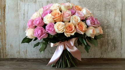 A beautifully arranged rose bouquet with different shades of pink and peach, tied with a satin ribbon and placed on a rustic table