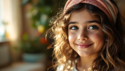 Girl with Curly Hair and Headband: A Warm and Tender Portrait