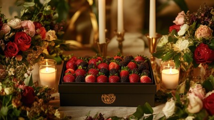 A box of Valentine chocolate strawberries with elegant packaging, placed on a cozy table surrounded by candles and fresh flowers for a romantic touch