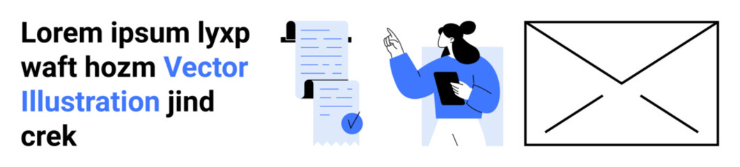 Female character with tablet, pointing at documents with checkmarks and silhouettes, large envelope icon beside her. Ideal for business, communication, email marketing, project management