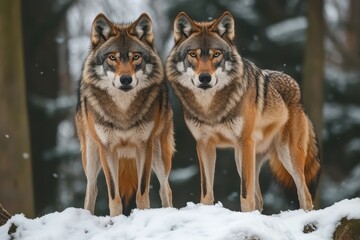 Fototapeta premium Two majestic wolves stand in snowy woods. Perfect for wildlife, nature, and winter themes.