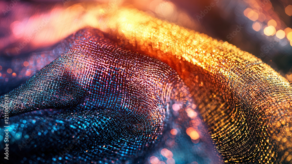 Poster vibrant close up of shimmering fabric with glowing, multicolored threads and nano textured surface, 
