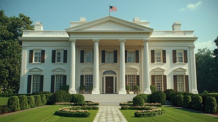 Historic white house with American flag and manicured lawn in bright sunlight during early afternoon