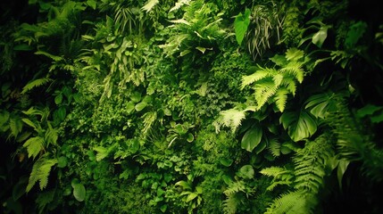 Fototapeta premium Lush green vertical garden wall, indoor plants, natural background, eco-friendly design, website banner