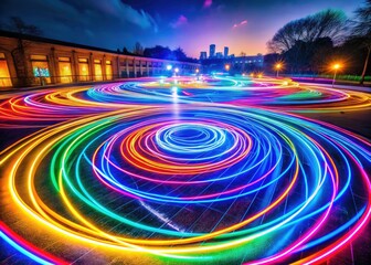 Fototapeta premium Circular light painting illuminates a city at night, captured in a long exposure ground photograph.