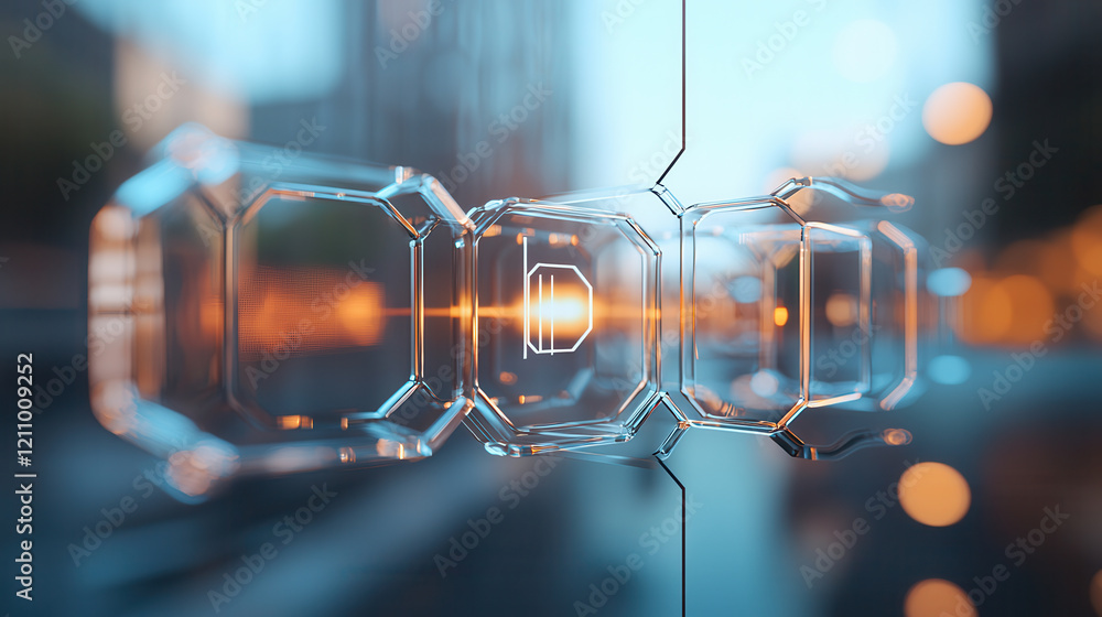 Poster futuristic transparent hexagonal structure with glowing elements, set against blurred urban backgrou